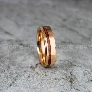 Koa Wood Ring, Koa Wood Wedding Band, 6mm 14K Rose Gold Tungsten Band Koa Wood Inlay, Rose Gold Wedding Ring, Rose Gold Wedding Band