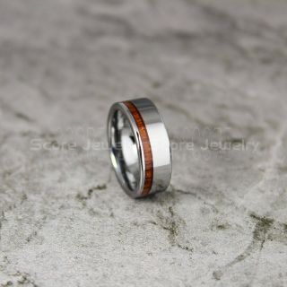 Koa Wood Ring, Koa Wood Wedding Band, 8mm Silver Tungsten Band Koa Wood Inlay, Silver Wedding Ring, Silver Wedding Band
