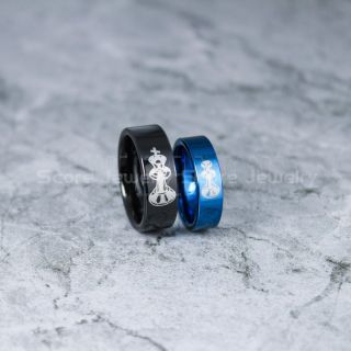 Chess Rings, Chess Jewelry, 2 Piece Couple Set Black Tungsten Bands with Flat Edge, Pawn Rings, Rook Rings, Knight Rings, Bishop Rings, Queen Rings, King Rings, Chess Pieces Laser Engraved
