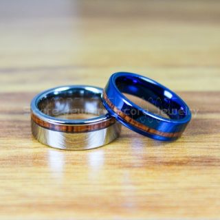 Wood Rings, Koa Wood Wedding Bands, Blue Tungsten Bands with Koa Wood Inlay, Blue Wedding Rings, Blue Wedding Bands, Blue Wood Rings