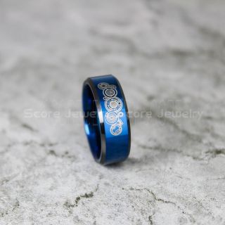 Blue Edged Doctor Who Tardis Design With CZ Inlay Black Tungsten Ring Mens Band 