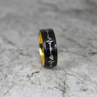 Heartbeat Ring, Black Tungsten Ring, Heartbeat Wedding Ring, Heartbeat Black Tungsten Ring, Black Wedding Band