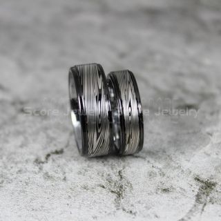 Damascus Steel Rings, 2 Piece Couple Set Damascus Steel Rings, Damascus Jewelry, Damascus Steel Wedding Rings, Damascus Steel Pattern Laser Engraved Tungsten Wedding Rings, Black Wedding Bands