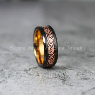 Dragon Ring, Dragon Inlay Ring, Celtic Ring, 14K Rose Gold Tungsten Ring, Rose Gold Wedding Band, Rose Gold Tungsten Ring with Black Carbon Fiber and Silver Celtic Dragon Inlay Ring