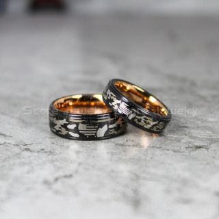American Flag Rings, 2 Piece Couple Set American Flag Wedding Bands with Camo Pattern, Black Tungsten Rings, Black Wedding Band, Black Tungsten Bands, Military Rings