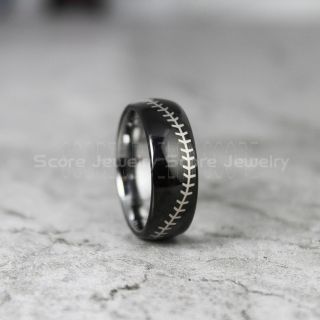 Baseball Ring, Baseball Stitch Pattern Ring, 8mm Black Tungsten Ring, Baseball Jewelry, Black Wedding Band, Black Wedding Ring