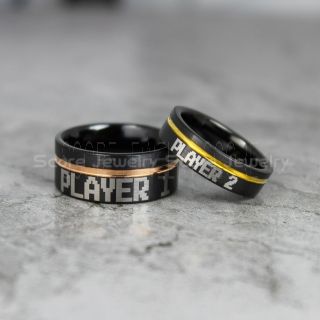 Gamer Rings, Couple Ring Set, Player 1 Player 2 Rings, Black Gamer Wedding Rings, Black Tungsten Gamer Wedding Bands, Black Tungsten Rings, Black Wedding Bands, Gamer Jewelry