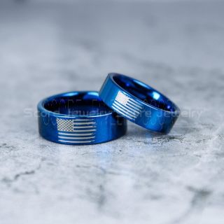 American Flag Rings, 2 Piece Couple Set American Flag Wedding Bands, Blue Tungsten Rings, Blue Wedding Band, Blue Tungsten Bands, Military Rings