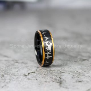 Mustang Ring, Heart Beat and Horse Pattern Ring, Mustang Heartbeat Ring, Equestrian Ring, Horse Lovers Ring, Western Ring, Cowboys Ring, Black Tungsten Ring, Black Wedding Band, Horse Wedding Ring