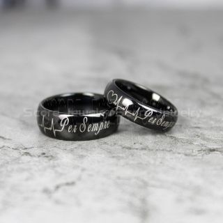 Per Sempre Rings, Forever Heartbeat Rings, Black Tungsten Rings, Black Wedding Bands, Couple Ring Set Black Rings, Black Wedding Rings