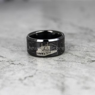 Freightliner Ring, Truck Driver Ring, Trucker Ring, Black Tungsten Ring, Trucker Jewelry, Truck Driver Wedding Band, Black Tungsten Band, Black Wedding Ring