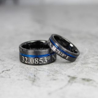 Coordinates Rings, Coordinates Jewelry, Longitude Rings, Latitude Rings, Black Wedding Band, Black Coordinates Rings, Black Tungsten Rings