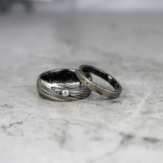 Damascus Steel Rings, 2 Piece Couple Set Damascus Steel Wedding Bands, Black Rings, Black Tungsten Bands Damascus Steel Pattern Laser Engraved Tungsten Wedding Rings