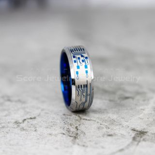Circuit Ring, Circuit Board Ring, Blue Tungsten Ring, Blue Ring, Blue Tungsten Wedding Band, Geek Ring, Geek Jewelry, Blue Wedding Ring