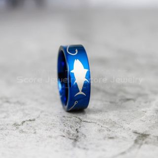 Tuna Ring, Bluefin Tuna Ring, Tuna Jewelry, Fishing Ring, Fish Hook Ring, Blue Tungsten Ring, Blue Wedding Band, Hunting Ring, Fish Hooks Wedding band