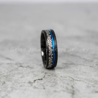 Tattoo Ring, Tribal Ring, Barb Wire Ring, Bard Wire Tattoo Ring, 6mm Black Tungsten Band with Blue Off Center Groove, Tribal Armband Tattoo Design Laser Engraved Ring