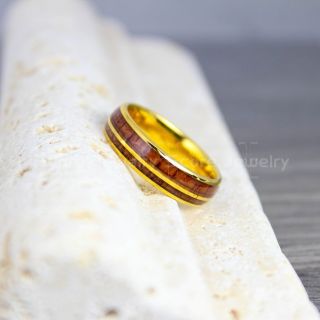 Koa Wood Ring, Koa Wood Wedding Band, 6mm 14K Yellow Gold Tungsten Band with Domed Edge and Koa Wood Inlay, Koa Wood Tungsten Wedding Ring