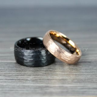 Hammered Rings, Hammered Wedding Bands, 2 Piece Couple Set Hammered Rings, Rose Gold Wedding Bands, Black Hammered Tungsten Bands, Rose Gold Wedding Rings, Black Tungsten Wedding Rings