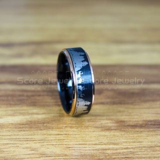Elk Ring, Elk Hunting Ring, Deer Hunting Ring, Deer Hunting Jewelry, Deer Buck Ring, Elk in Forest Scene Ring, Deer Jewelry, Black Tungsten Band