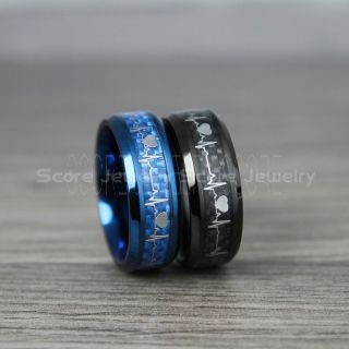 Heartbeat Rings, 2 Piece Couple Set Black Heartbeat Wedding Bands, Black Tungsten Wedding Bands, Black Wedding Bands, Heartbeat Wedding Rings, Black Wedding Rings