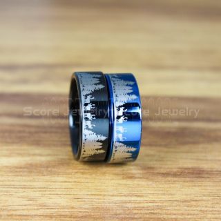 Elk Rings, Elk Hunting Rings, 2 Piece Couple Set Deer Hunting Rings, Deer Hunting Jewelry, Deer Buck Rings, Elk in Forest Scene Rings, Deer Jewelry, Black Tungsten Bands