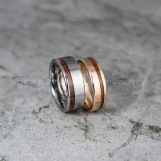 Koa Wood Rings, 2 Piece Couple Set Koa Wood Wedding Bands, 8mm & 6mm Gold Tungsten Bands with Flat Edge and Koa Wood Inlay, Koa Wood Tungsten Wedding Rings
