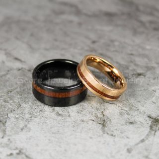 Koa Wood Rings, 2 Piece Couple Set Koa Wood Wedding Bands, 10mm & 6mm Rose Gold Tungsten Bands with Flat Edge and Koa Wood Inlay, Koa Wood Tungsten Wedding Rings