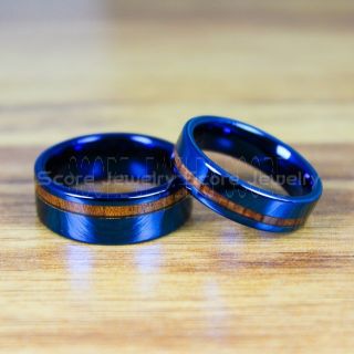 Wood Rings, Koa Wood Wedding Bands, Blue Tungsten Bands with Koa Wood Inlay, Blue Wedding Rings, Blue Wedding Bands, Blue Wood Rings