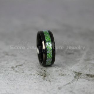 Dragon Ring, Dragon Inlay Ring, Celtic Ring, Black Tungsten Ring, Black Wedding Band, Black Tungsten Ring with Green Carbon Fiber and Silver Celtic Dragon Inlay Ring