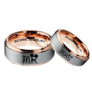 Mickey Mouse Ring, Minnie Mouse Ring, 2 Piece Couple Set Silver Tungsten Bands, Mr & Mrs Rings, Tungsten Wedding Bands, Silver Wedding Rings