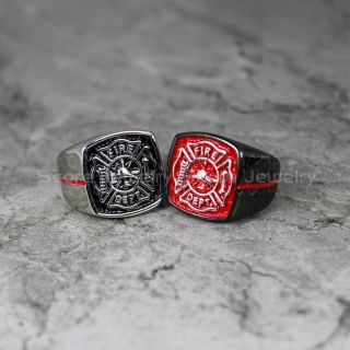 8mm Stainless Steel Fire Department Ring Firefighter Ring Fireman Ring with Red Center Groove