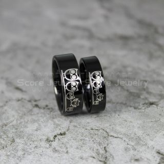 Owl Rings, 2 Piece Couple Set Owl Family Rings, Owl Jewelry, Black Tungsten Rings, Black Wedding Bands, Black Tungsten Wedding Bands