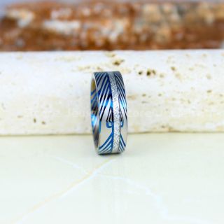 Meteorite Ring, Damascus Steel Ring, Blue Tungsten Band with Meteorite Inlay, Meteorite Wedding Band, Meteorite Wedding Ring, Damascus Steel Pattern Tungsten Ring, Damascus Steel Wedding Ring