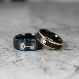 Lock and Key Rings, 2 Piece Couple Set Lock and Key Wedding Bands, Lock and Key Wedding Rings, Black Tungsten Rings, Silver Tungsten Bands, Lock and Key Wedding Rings