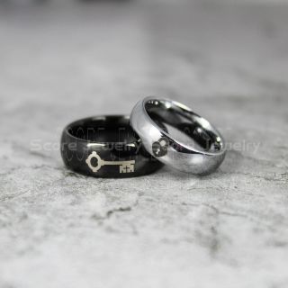 Lock and Key Rings, 2 Piece Couple Set Lock and Key Wedding Bands, Lock and Key Wedding Rings, Black Tungsten Rings, Silver Tungsten Bands, Lock and Key Wedding Rings