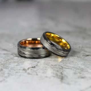 Damascus Steel Rings, 2 Piece Couple Set Damascus Steel Wedding Bands, Black Rings, Black Tungsten Bands Damascus Steel Pattern Laser Engraved Tungsten Wedding Rings