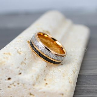 Meteorite Ring, 14K Rose Gold Tungsten Band with Meteorite Inlay, Meteorite Wedding Band, Meteorite Wedding Ring, Rose Gold Tungsten Ring, Rose Gold Wedding Band