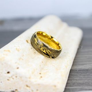 Damascus Steel Ring, Yellow Gold Ring, Yellow Gold Tungsten Band with Domed Edge Damascus Steel Pattern Laser Engraved Tungsten Wedding Ring
