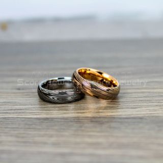 Damascus Steel Rings, Rose Gold Tungsten Rings, Silver Tungsten Bands, Damascus Steel Pattern Laser Engraved Tungsten Wedding Rings, Damascus Steel Wedding Bands