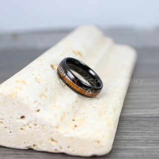 Koa Wood Ring, Koa Wood Wedding Band, 6mm Black Tungsten Band with Domed Edge and Koa Wood Inlay, Koa Wood Tungsten Wedding Ring