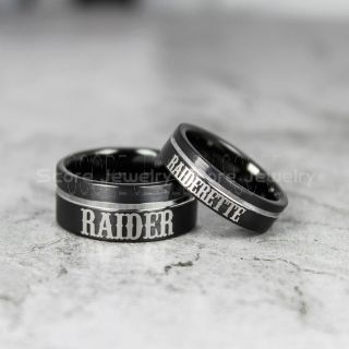 Raider Raiderette Nickname Rings, 2 Piece Couple Set Black Tungsten Bands, Raider Jewelry, Raider Rings, Raiderette Nickname Rings