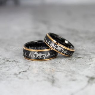 Mustang Ring, 2 Piece Couple Set Heart Beat and Horse Pattern Ring, Mustang Heartbeat Ring, Equestrian Ring, Horse Lovers Ring, Western Ring, Cowboys Ring, Black Tungsten Ring, Black Wedding Band, Horse Wedding Ring