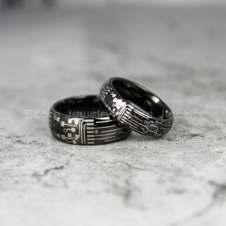 Circuit Board Rings, Circuit Board Jewelry, Technology Rings, Engineer Rings, 2 Piece Couple Set Circuit Board Rings, Black Tungsten Rings, Geek Rings, Geek Jewelry