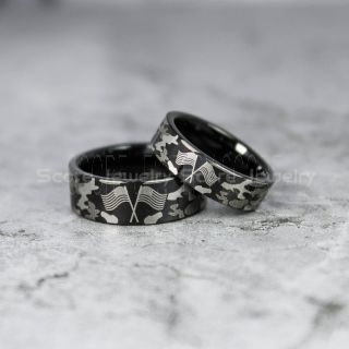 American Flag Rings, 2 Piece Couple Set American Flag Wedding Bands with Camo Pattern, Black Tungsten Rings, Black Wedding Band, Black Tungsten Bands, Military Rings