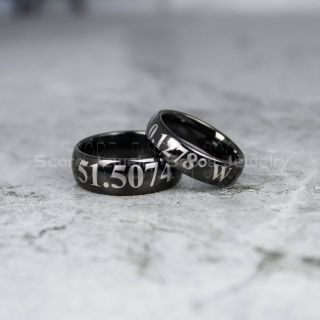 Coordinates Rings, Coordinates Jewelry, Longitude Rings, Latitude Rings, Black Wedding Band, Black Coordinates Rings, Black Tungsten Rings