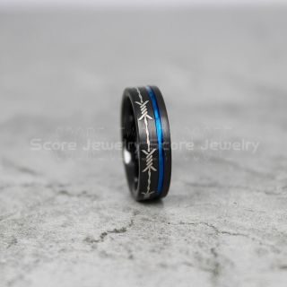 Tattoo Ring, Tribal Ring, Barb Wire Ring, Bard Wire Tattoo Ring, 6mm Black Tungsten Band with Blue Off Center Groove, Tribal Armband Tattoo Design Laser Engraved Ring