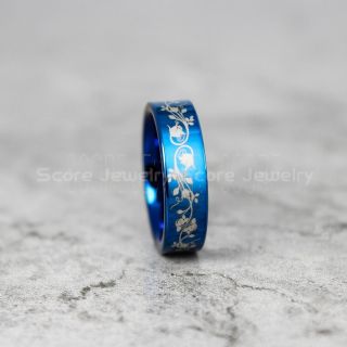 Floral Design Ring, Flower Ring, Floral Jewelry, Blue Tungsten Ring, Blue Tungsten Wedding Band, Blue Wedding Band, Blue Wedding Ring, Blue Tungsten Wedding Band