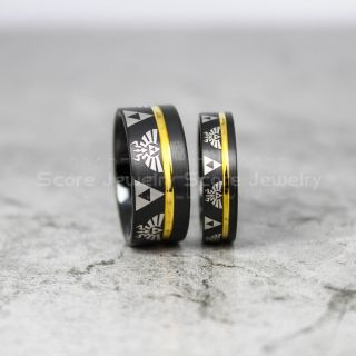 Zelda Rings, Gamer Rings, 2 Piece Couple Set Legend of Zelda Rings, Zelda Wedding Rings, Zelda Wedding Bands, Black Tungsten Rings, Black Wedding Bands