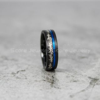 Tattoo Ring, Tribal Ring, Barb Wire Ring, Bard Wire Tattoo Ring, 6mm Black Tungsten Band with Blue Off Center Groove, Tribal Armband Tattoo Design Laser Engraved Ring