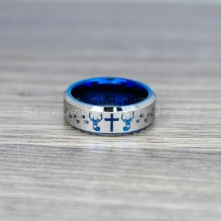Deer Ring, Deer Hunting Ring, Deer Tracks Ring, Fishing Ring, Blue Tungsten Ring, Blue Wedding Band, Hunting Ring, Fish Hooks Wedding Band, Deer Tracks Ring, Christian Cross Ring